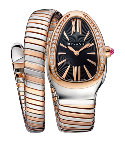 Bvlgari Rose Gold, Stainless Steel And Diamond Serpenti Tubogas Watch 35mm In Black