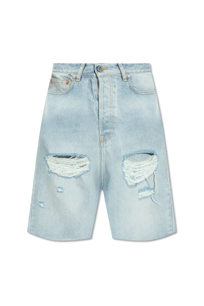 Vetements Distressed Denim Shorts In Blue