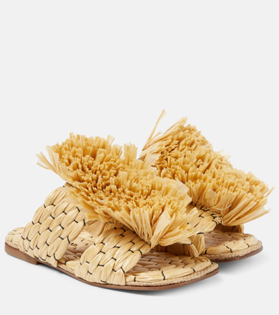 Dries Van Noten Raffia Fringe Dual-band Slide Sandals In Beige