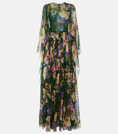 Dolce & Gabbana Floral Print Chiffon Gown With Cape Sleeves In Multi