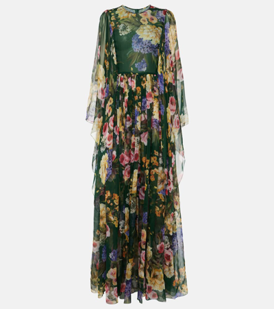 Dolce & Gabbana Floral Print Chiffon Gown With Cape Sleeves In Multicolor