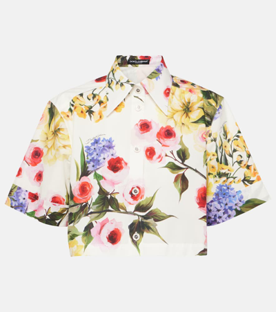 Dolce & Gabbana Floral Cropped Cotton Poplin Shirt In White