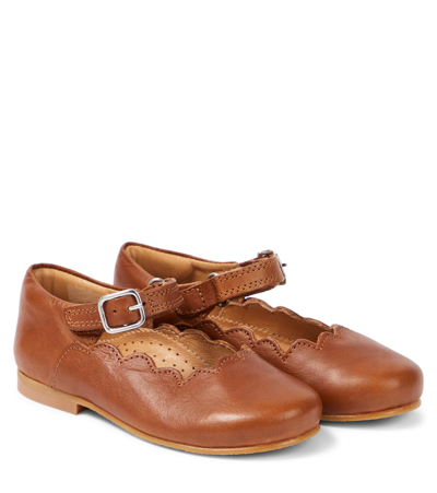 Petit Nord Kids' Scallop Leather Mary Jane Flats In Cognac