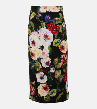 Dolce & Gabbana Floral Print Midi Skirt In Black,multicolor