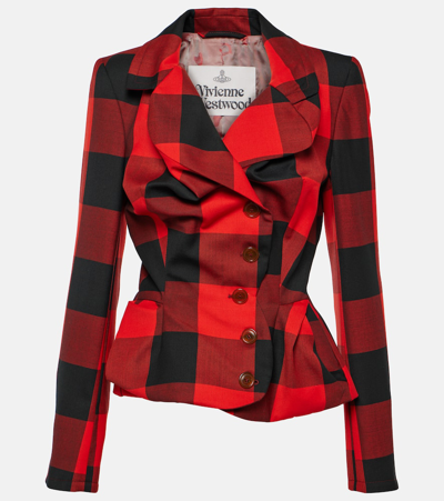 Vivienne Westwood Womens Red Black Drunken Tailored Tartan-patterned Slim-fit Wool Blazer