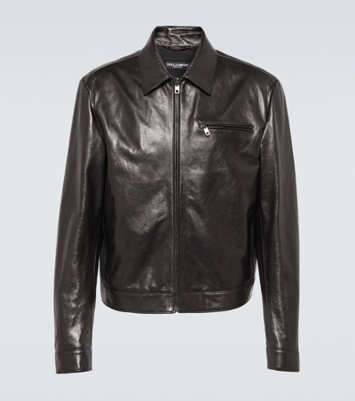 Dolce & Gabbana Zipped Leather Jacket In Brown