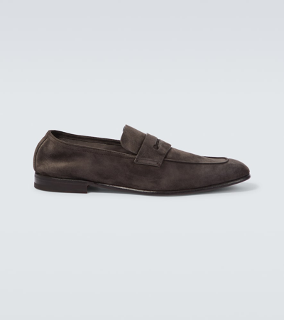 Zegna L'asola Suede Penny Loafers In Brown