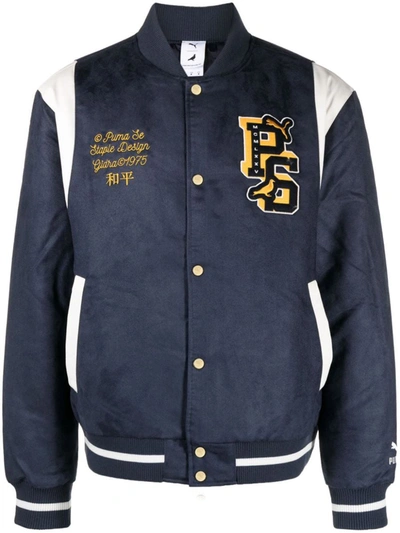 Puma X Staple Logo Patch Button-up Varsity Jacket In Navy