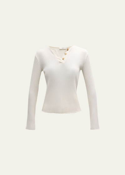Vince Rib-knit Long-sleeve Henley Top In Off White