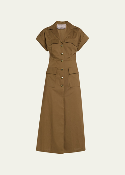 Lela Rose Short Sleeve Button Down Midi Dress In Olive