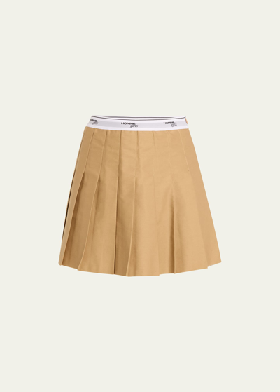 Hommegirls Logo Waistband Pleated Mini Skirt In Khaki