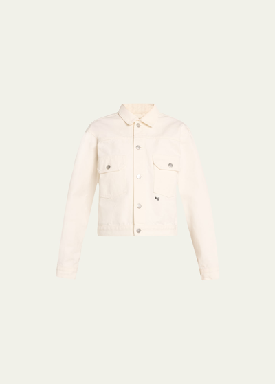 Hommegirls Womens White Boxy-fit Brand-embroidered Cotton-canvas Jacket