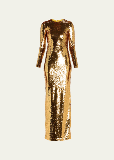 Dolce & Gabbana Long Sequined Tulle Stretch Dress In Gold