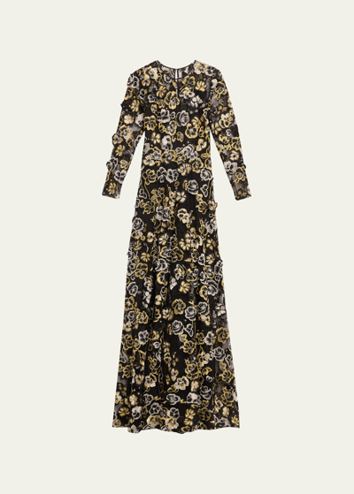 Naeem Khan Black And White Embroidered Floral Gown In Black Gold