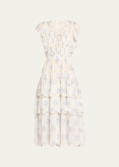 Loveshackfancy Valina Tiered Flutter-sleeve Cotton Midi Dress In Alpine Frost