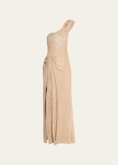 Gaurav Gupta One-shoulder Sequined Sculpted Gown In Champagne