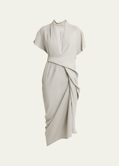 Rick Owens Short-sleeve Draped Midi Wrap Dress In 08 Pearl