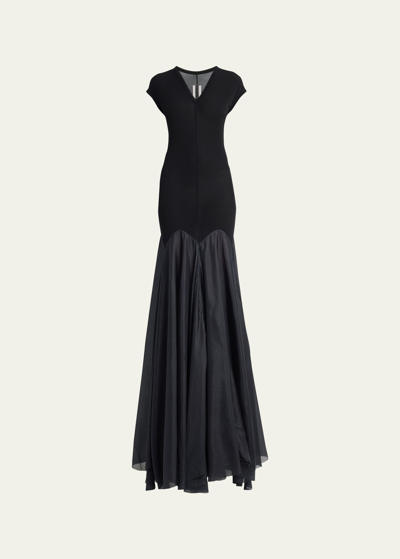 Rick Owens V-neck Cap-sleeve Drop-waist Sheer Gown In Black