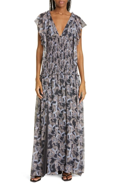 Cinq À Sept Kris Paisley Print Smocked Chiffon Maxi Dress In Multi