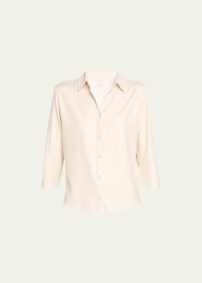 Majestic Soft Touch Metallic Button-front Shirt With Side Slits In Blanc