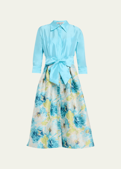 Rickie Freeman For Teri Jon 3/4-sleeve Floral Jacquard Midi Shirtdress In Aqua Multi
