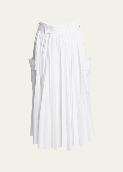 Sacai Pleated Poplin Midi Skirt With Pocket Detail In Off White
