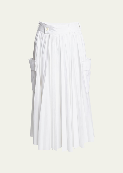 Sacai Pleated Poplin Midi Skirt With Pocket Detail In White