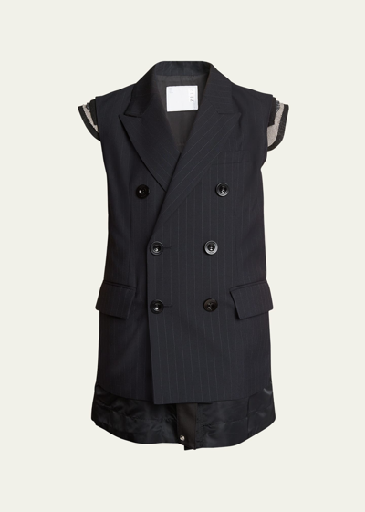 Sacai Chalk Stripe Double Breasted Layered Vest In Navy