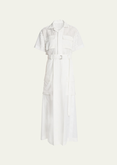 Sacai Belted Cutout Lace Top Dress In Off White