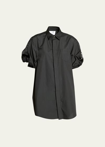 Sacai Puff-sleeve Cotton Poplin Shirting Mini Dress In Black