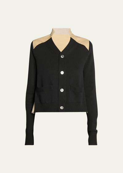 Sacai Button-front Cardigan With Pleated Back In Black