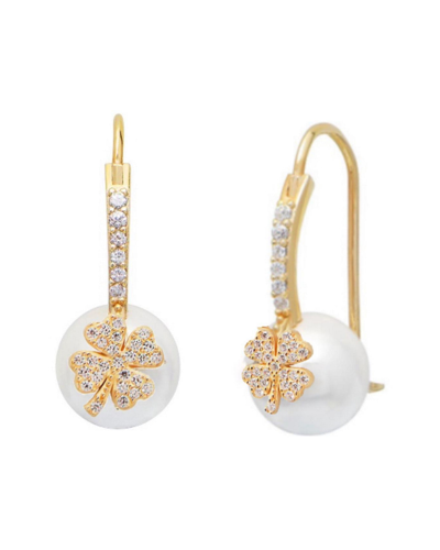 Gabi Rielle 14k Over Silver 10mm Pearl Cz Clover Earrings In Gold