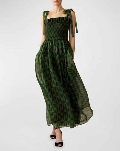 Cynthia Rowley Smocked Geometric-print Organza Maxi Dress In Black Green