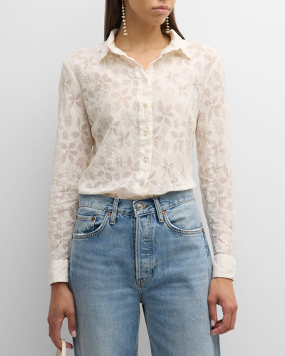 120% Lino Button-down Floral Lace Shirt In Champagne