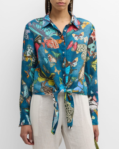 120% Lino Tie-front Butterfly-print Linen Shirt In Blue Butterfly
