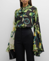 ROBERTO CAVALLI GARDEN-PRINT SILK FLARE-SLEEVE NECK-TIE SHIRT