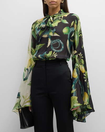 Roberto Cavalli Garden-print Silk Flare-sleeve Neck-tie Shirt In Multicolor
