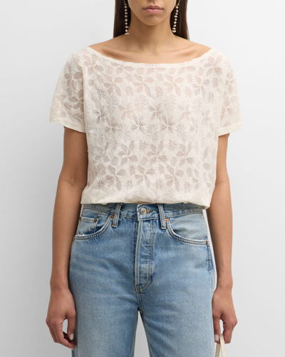 120% Lino Scoop-neck Floral Lace Tee In Champagne