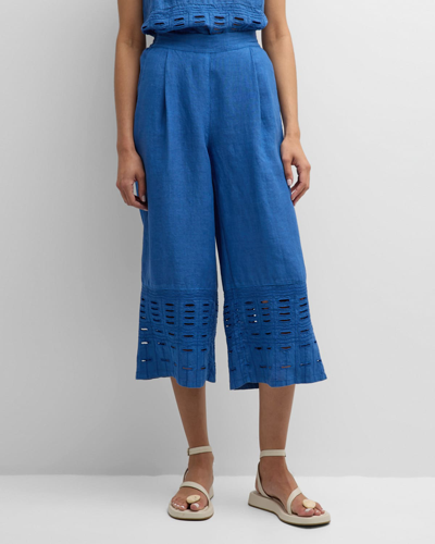 120% Lino Cropped Wide-leg Embroidered Linen Pants In Delft Blue