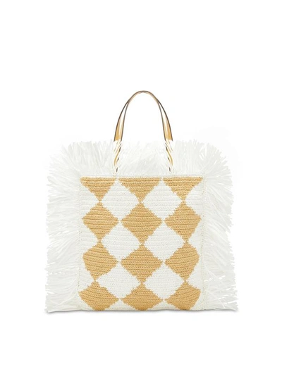 OSCAR DE LA RENTA CHECKED RAFFIA CROCHET FLAT TOTE