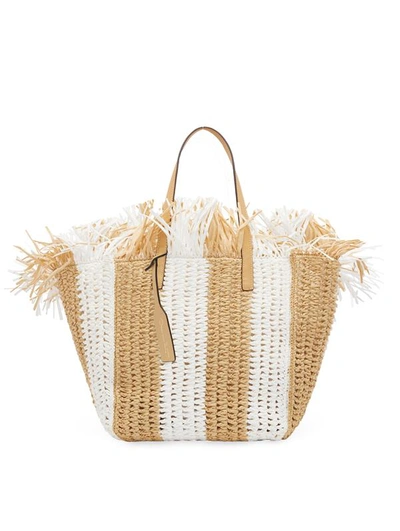 Oscar De La Renta Medium Striped Raffia Crochet Square Tote In Natural White