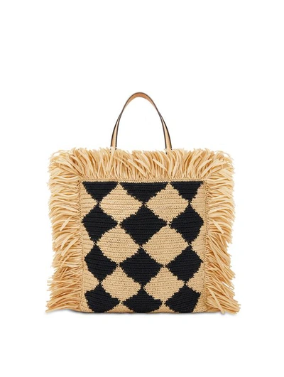 Oscar De La Renta Checked Raffia Crochet Flat Tote In Natural Black