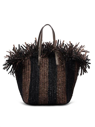 Oscar De La Renta Medium Striped Raffia Crochet Square Tote In Black/brown