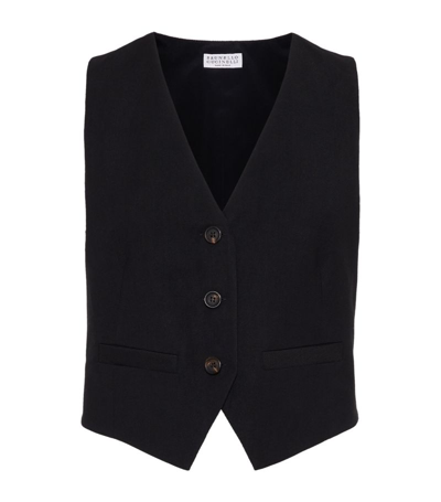 Brunello Cucinelli Linen-blend Tailored Waistcoat In Black