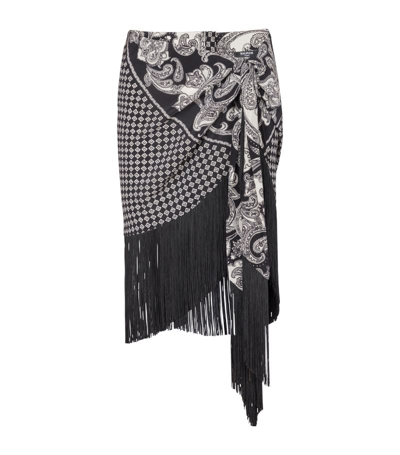 Balmain Fringed Paisley-print Silk Miniskirt In Black