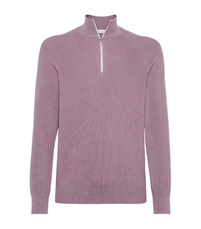 Brunello Cucinelli Cotton English-rib Half-zip Sweater In Purple
