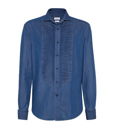 Brunello Cucinelli Denim Slim-fit Tuxedo Shirt In Blue