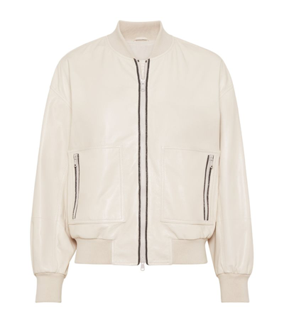 Brunello Cucinelli Monili-placket Napa Leather Bomber Jacket In C7872 Winter Whit