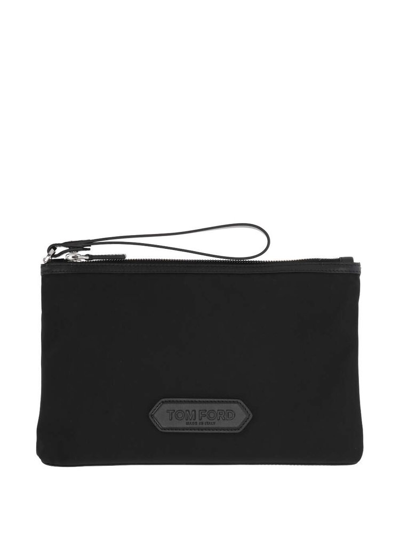 Tom Ford Logo Patch Zipped Clutch Bag In Black