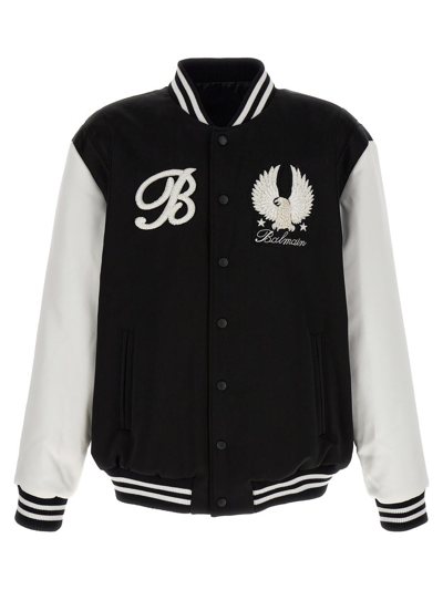 Balmain Embroidered Badges Satined Varsity Casual Jackets, Parka White/black